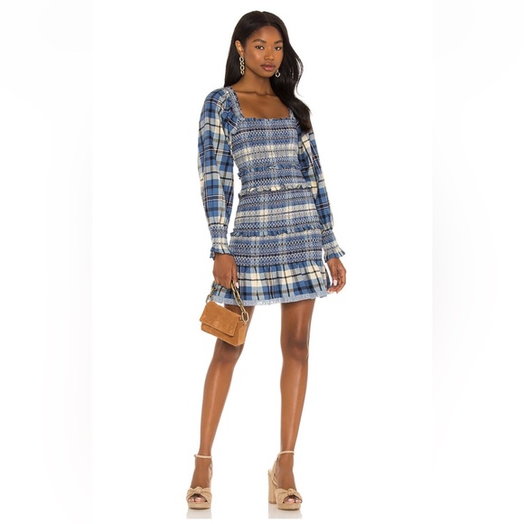 NWOT LoveShackFancy Stanley Blue & Black Plaid Smocked Mini Dress Long Sleeve